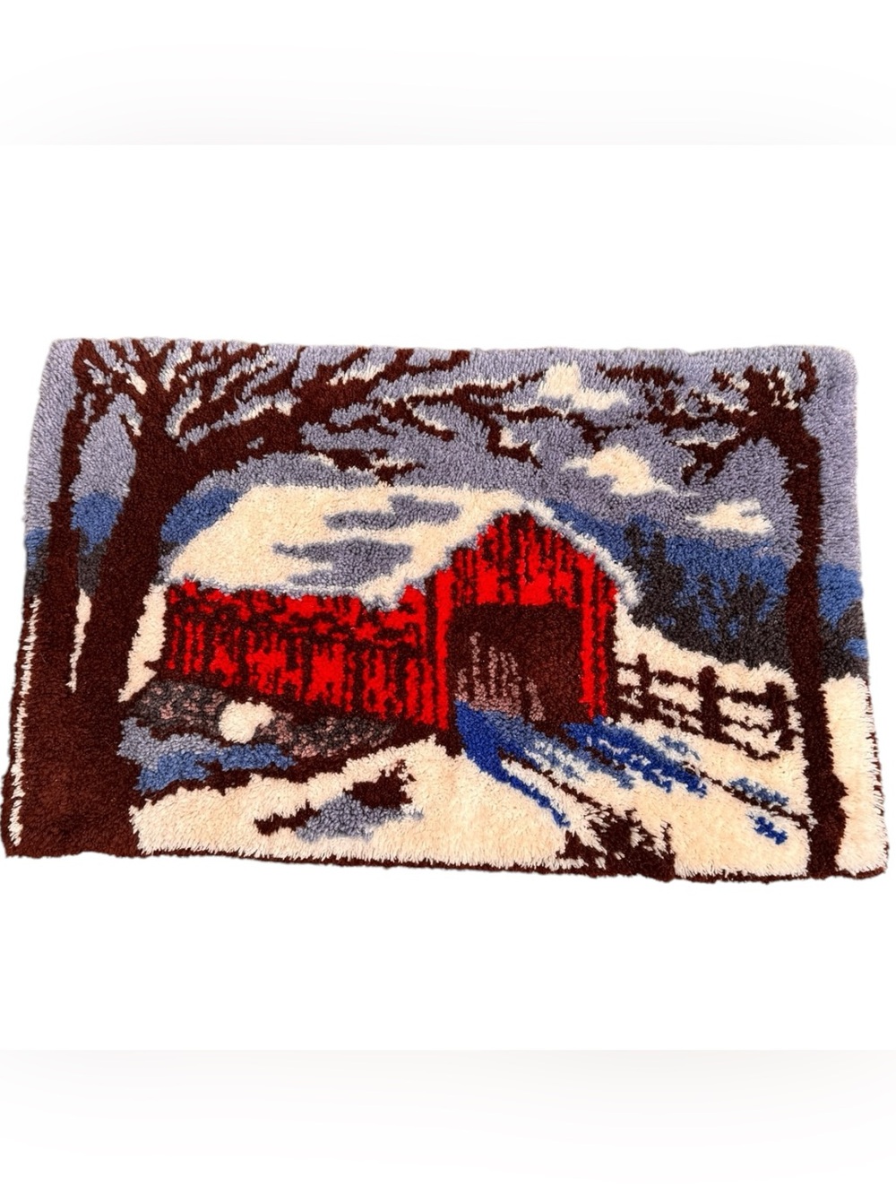 Vintage Latch Hook Rug Handmade Covered Bridge Winter 40x26 Bucilla 12024